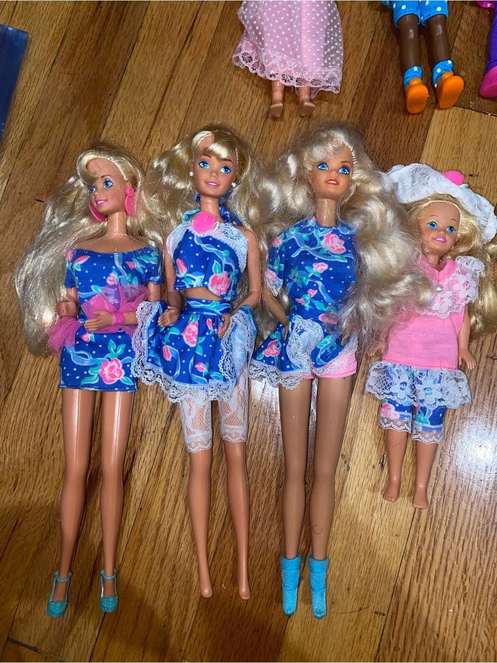 Barbie Sharin Sisters Dolls in Blue Floral Outfits with Pink Accents - Set of 4
